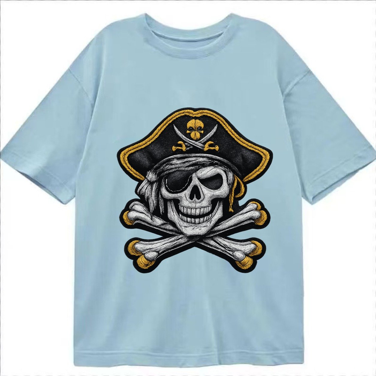 Embroidered Patch Design Pirate Skull Jolly Roger Skull In B Classic T-shirt – Light Blue