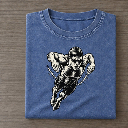 Swimmer Butterfly Rise Global Sports Ink Figures Vintage T-shirt – Washed Blue