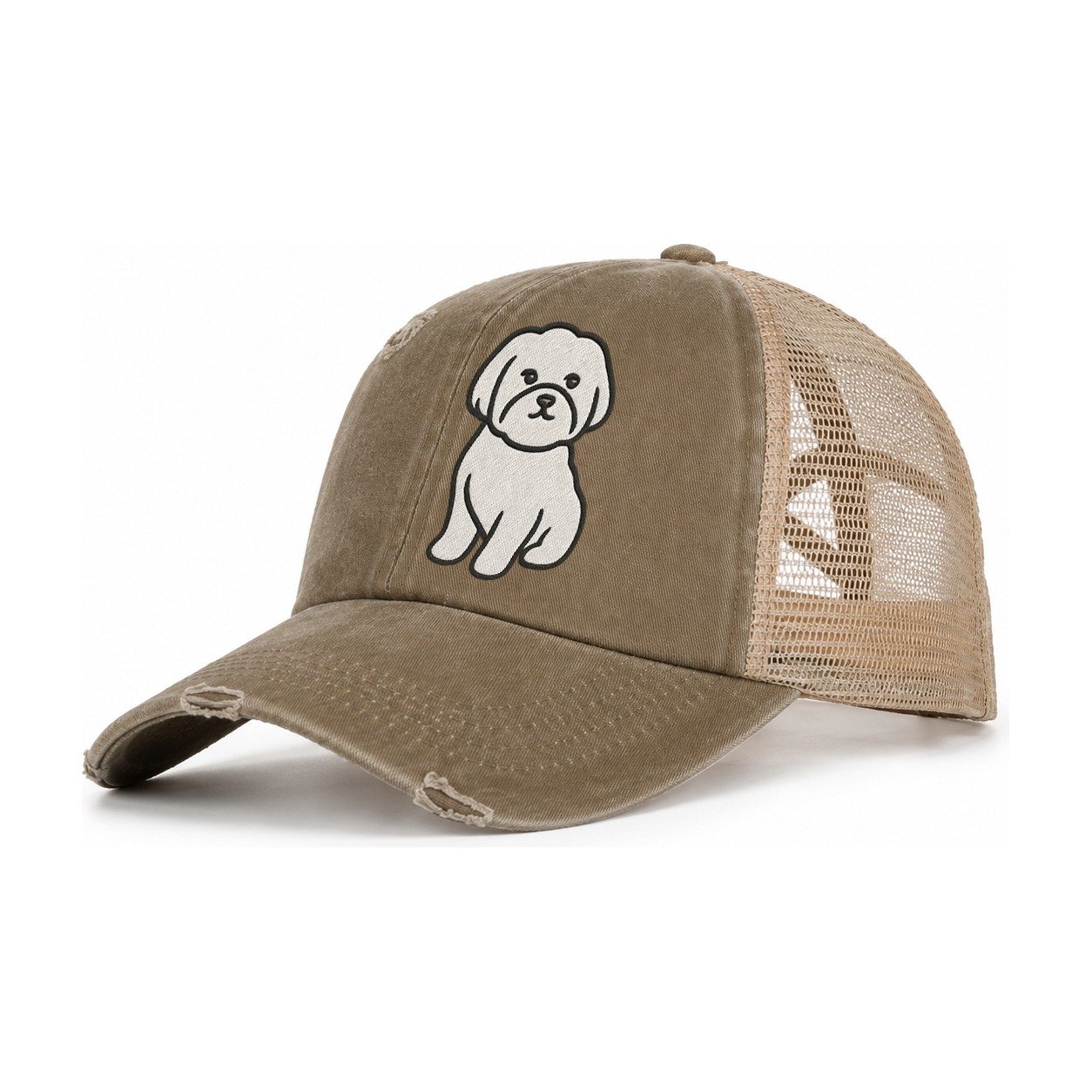 Maltese Pure White Fluffy Embroidered Design Women's Ponytail Trucker Hat – Taupe Khaki