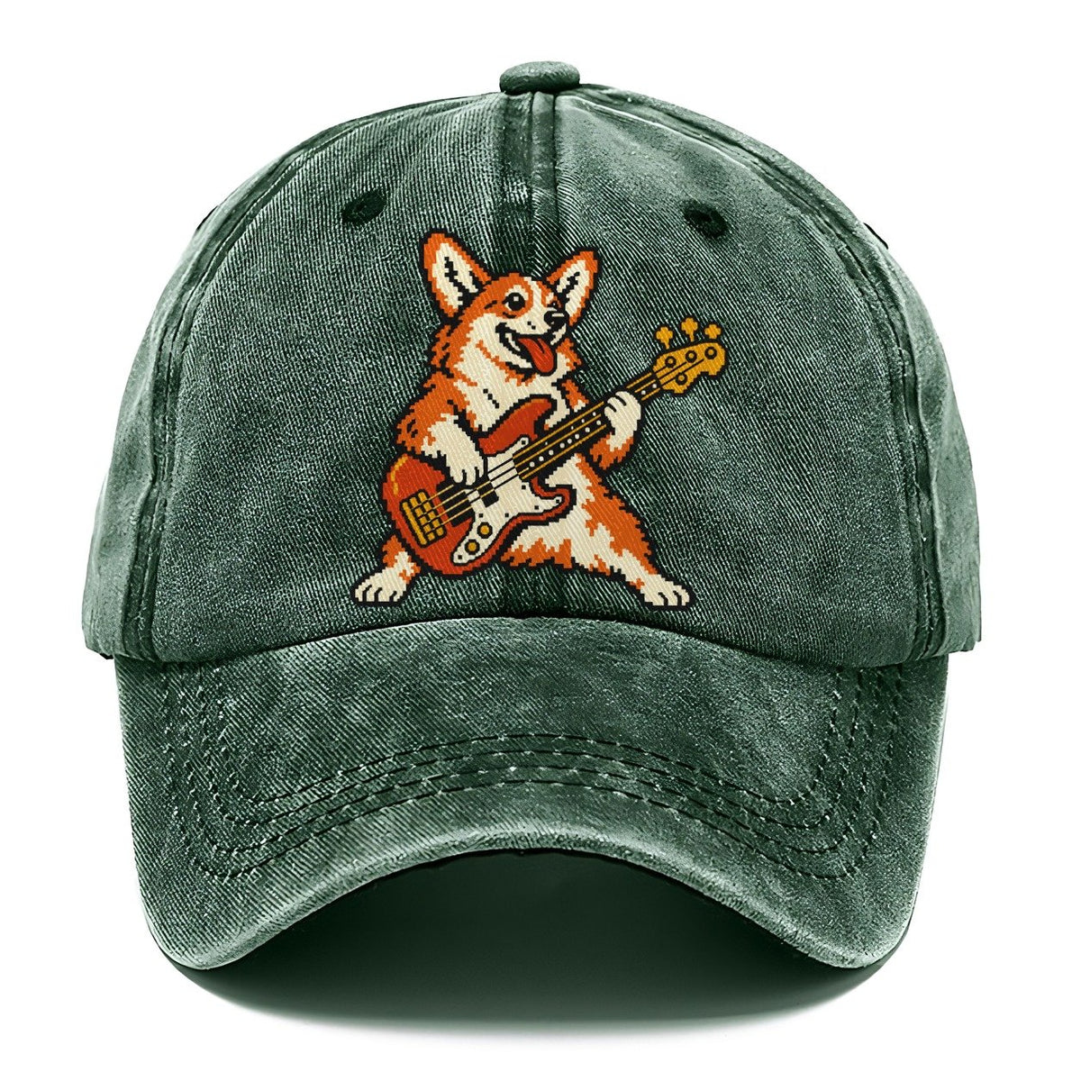 Pixel Art Corgi Bass Player Sundown Classic Cap – Forest Mist