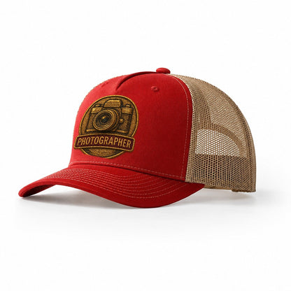 Camera With Vintage Lens Photographer Badge Trucker Hat – Red-Khaki