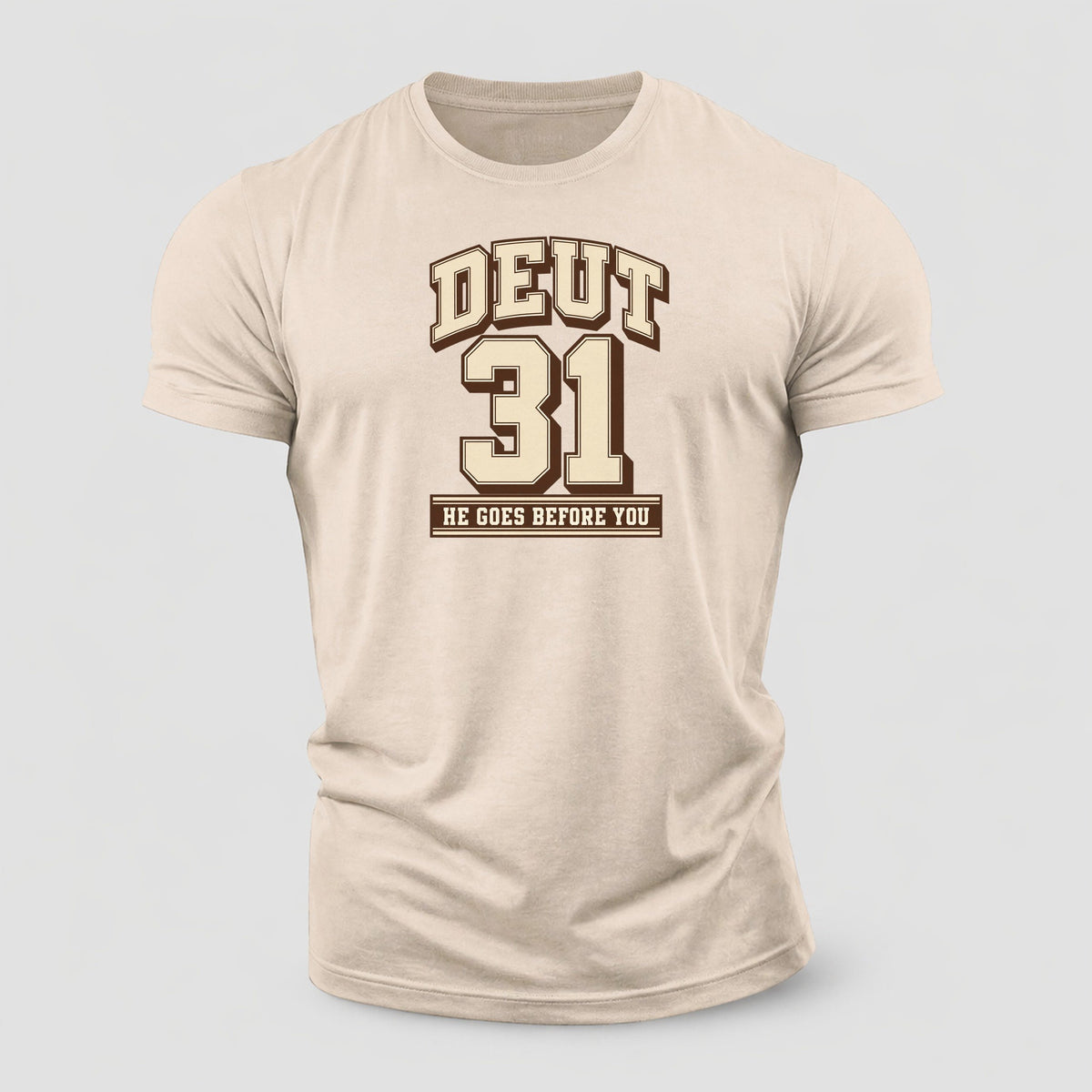 Deuteronomy 31 Varsity Chapel Varsity Cotton T-Shirt – Sand