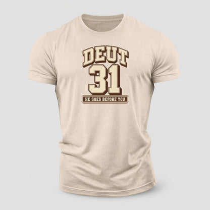Deuteronomy 31 Varsity Chapel Varsity Cotton T-Shirt – Sand
