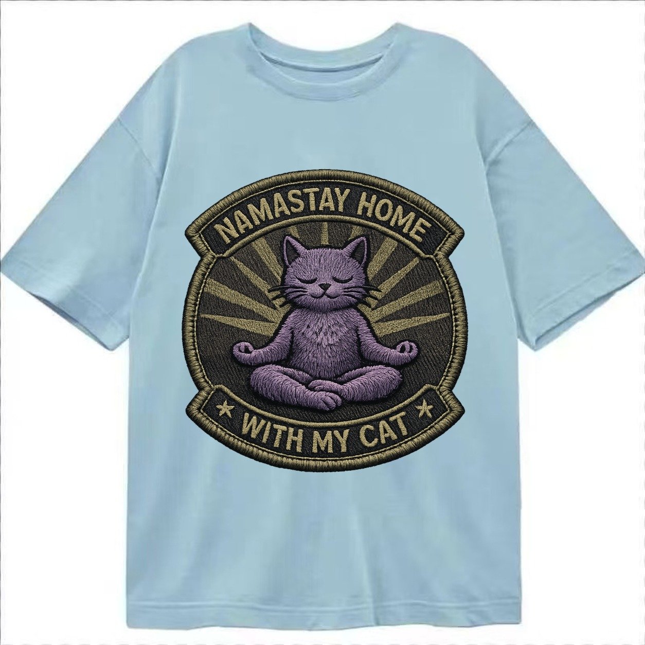 Embroidered Patch Design Namastay Home With My Cat Yoga Cat Classic T-shirt – Light Blue