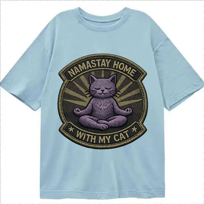 Embroidered Patch Design Namastay Home With My Cat Yoga Cat Classic T-shirt – Light Blue