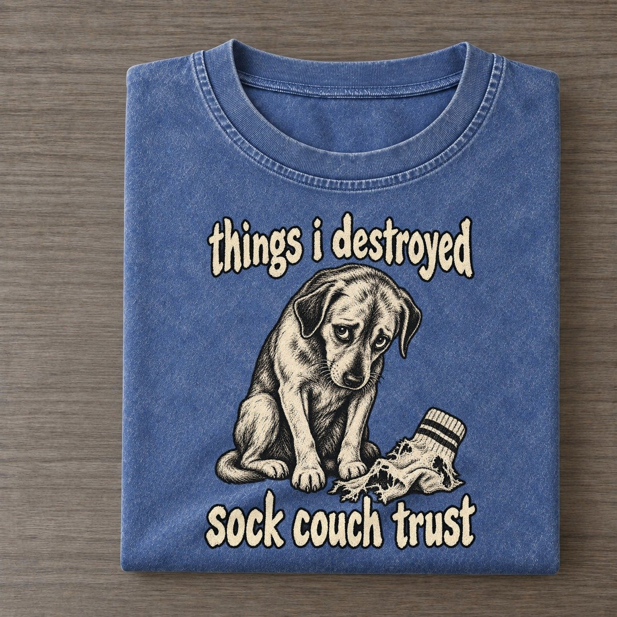 A Guilty Looking Dog Seated Beside A Shredded Sock Bark For Me Vintage T-shirt – Washed Blue