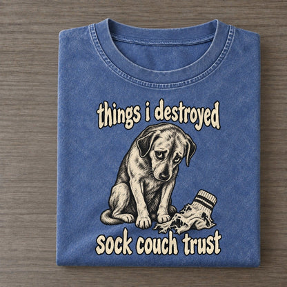 A Guilty Looking Dog Seated Beside A Shredded Sock Bark For Me Vintage T-shirt – Washed Blue