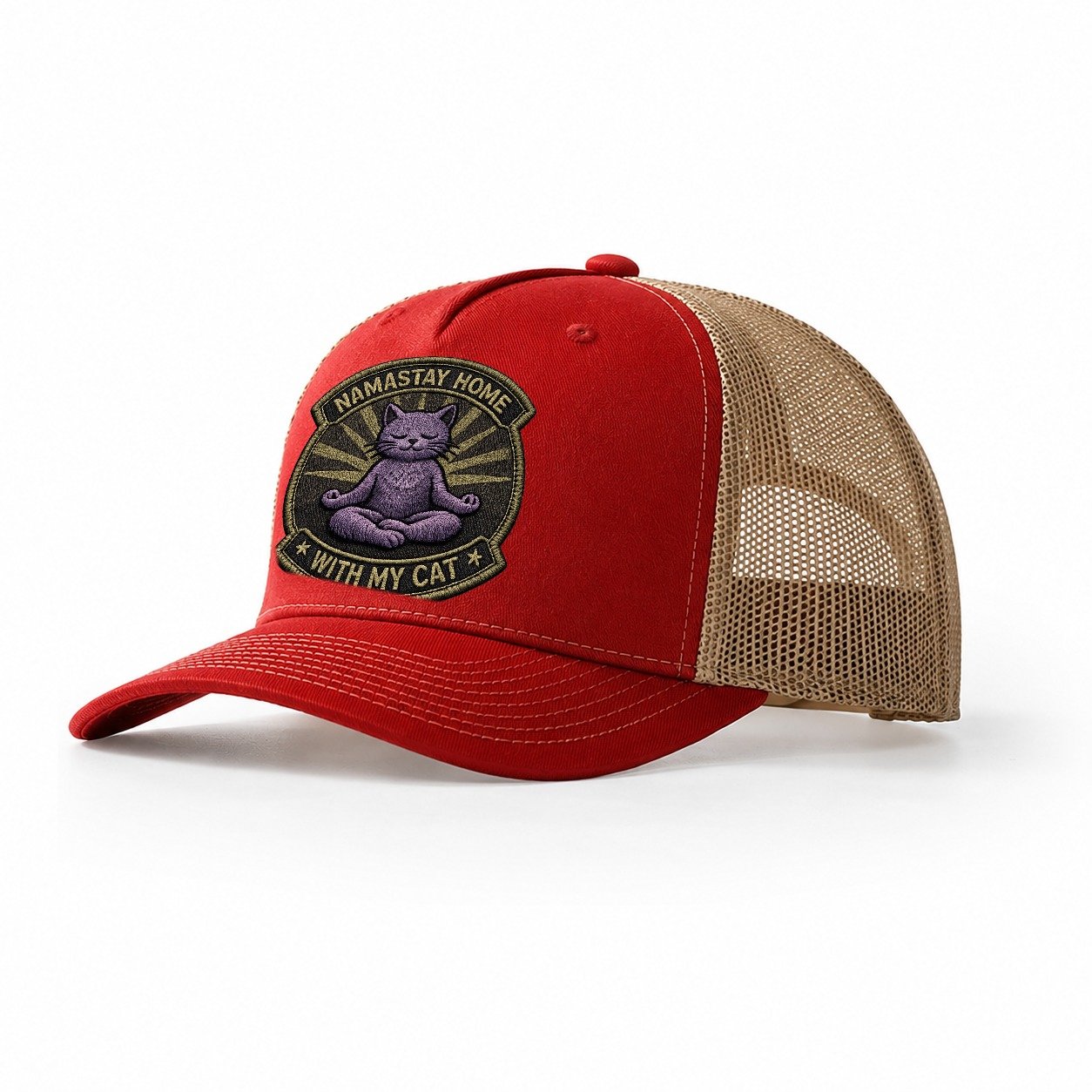 Embroidered Patch Design Namastay Home With My Cat Yoga Cat Trucker Hat – Red-Khaki