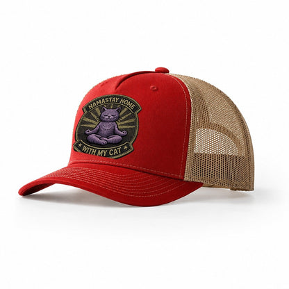 Embroidered Patch Design Namastay Home With My Cat Yoga Cat Trucker Hat – Red-Khaki