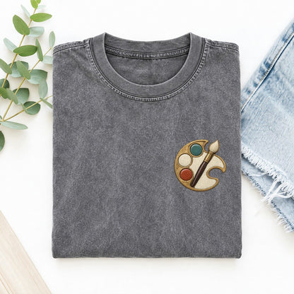 Painter Palette Crescent Keepsake Emblem Left Chest Vintage T-shirt – Grey