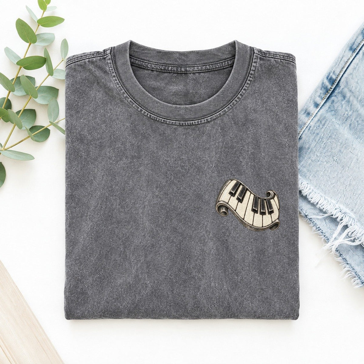 Piano Key Fold Keepsake Emblem Left Chest Vintage T-shirt – Grey