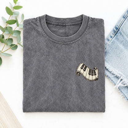 Piano Key Fold Keepsake Emblem Left Chest Vintage T-shirt – Grey