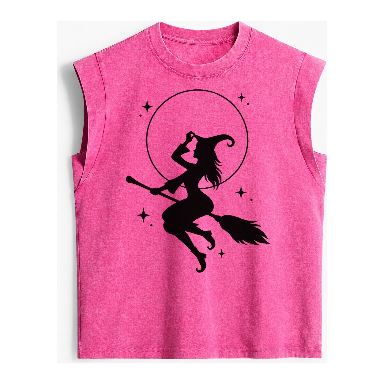 Witch On Broom Vintage Washed Tank – Pink