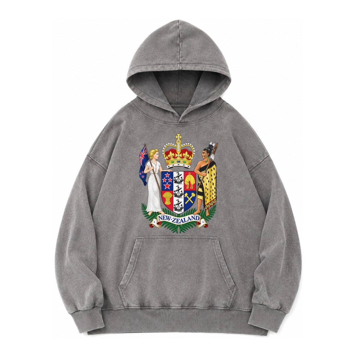 Coat Of Arms Of New Zealand Vintage Washed Hoodie – Grey