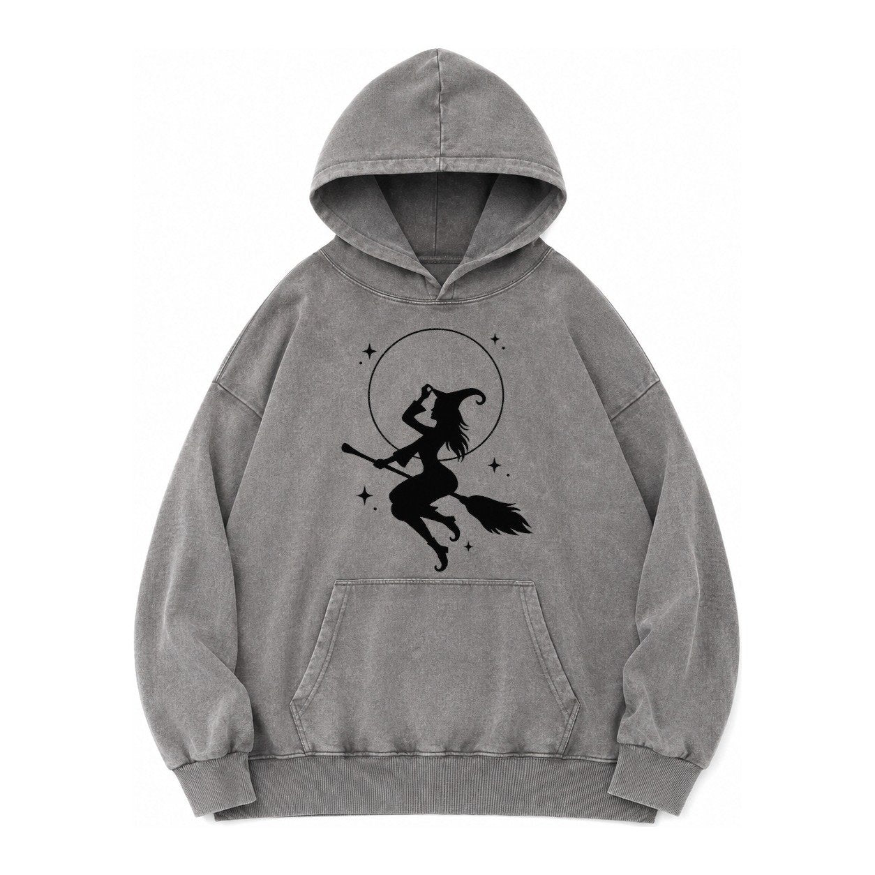 Witch On Broom Vintage Washed Hoodie – Grey