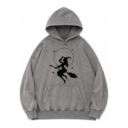 Witch On Broom Vintage Washed Hoodie – Grey