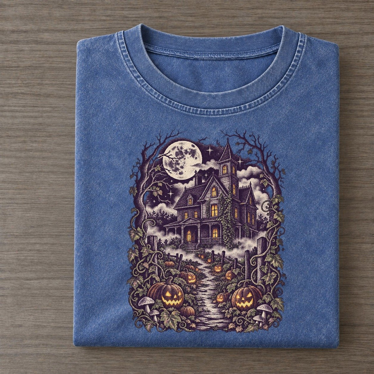 Pumpkin Patch Farmhouse Midnight Haunt Vintage T-shirt – Washed Blue