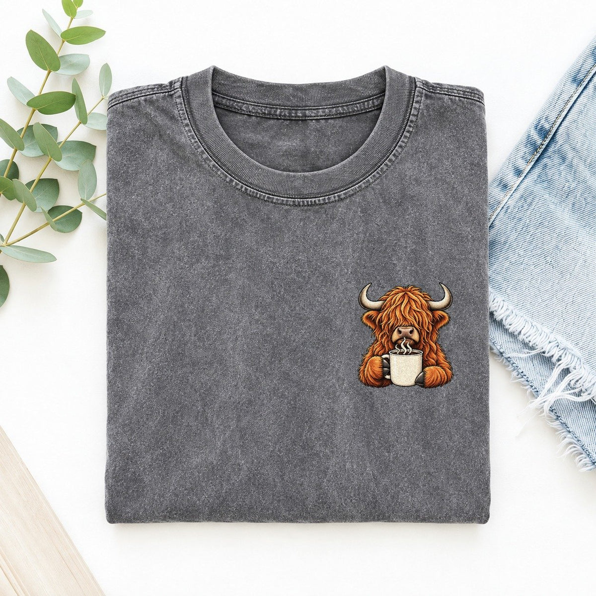 Highland Cow Coffee Left Chest Vintage T-shirt – Grey