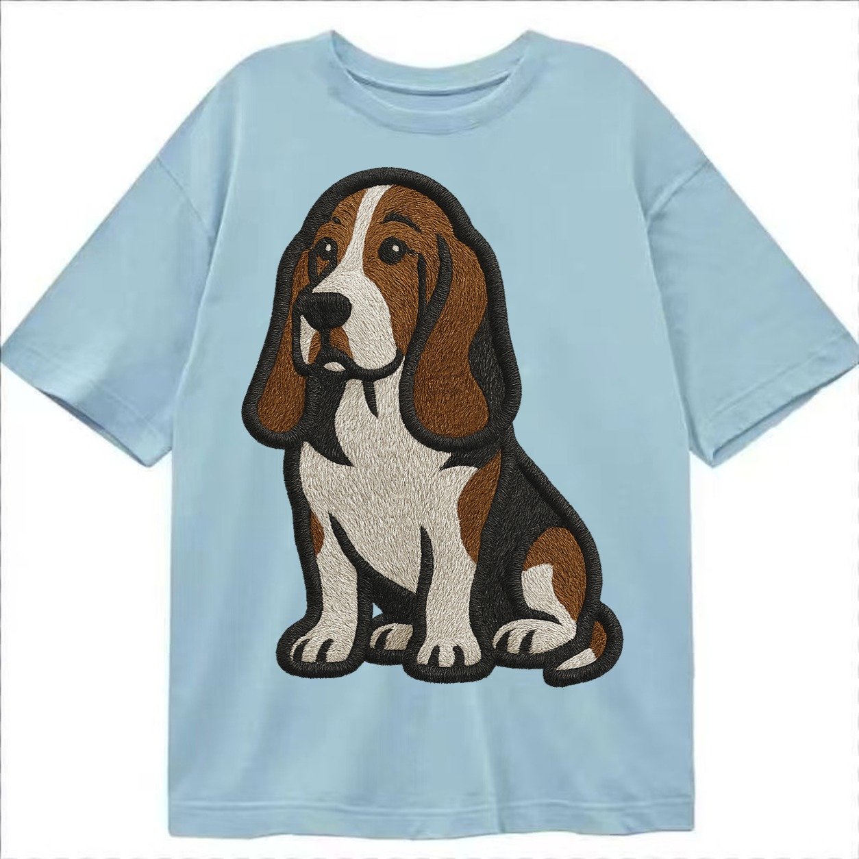 Basset Hound Tri Color Embroidered Sitting Pose Classic T-shirt – Light Blue