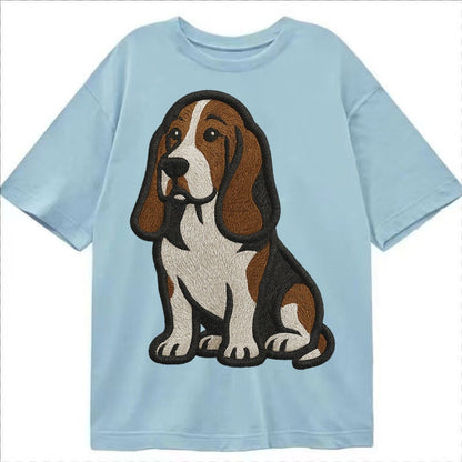 Basset Hound Tri Color Embroidered Sitting Pose Classic T-shirt – Light Blue