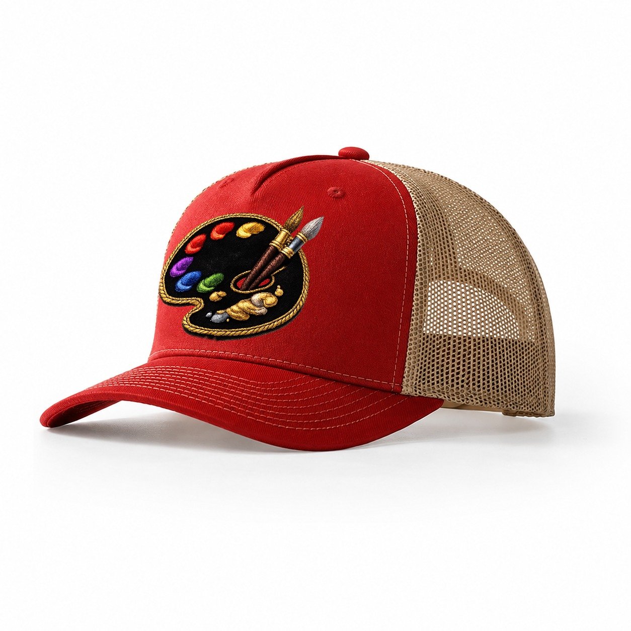 Artist Palette Rainbow Paints Embroidered Ea4b33 Trucker Hat – Red-Khaki
