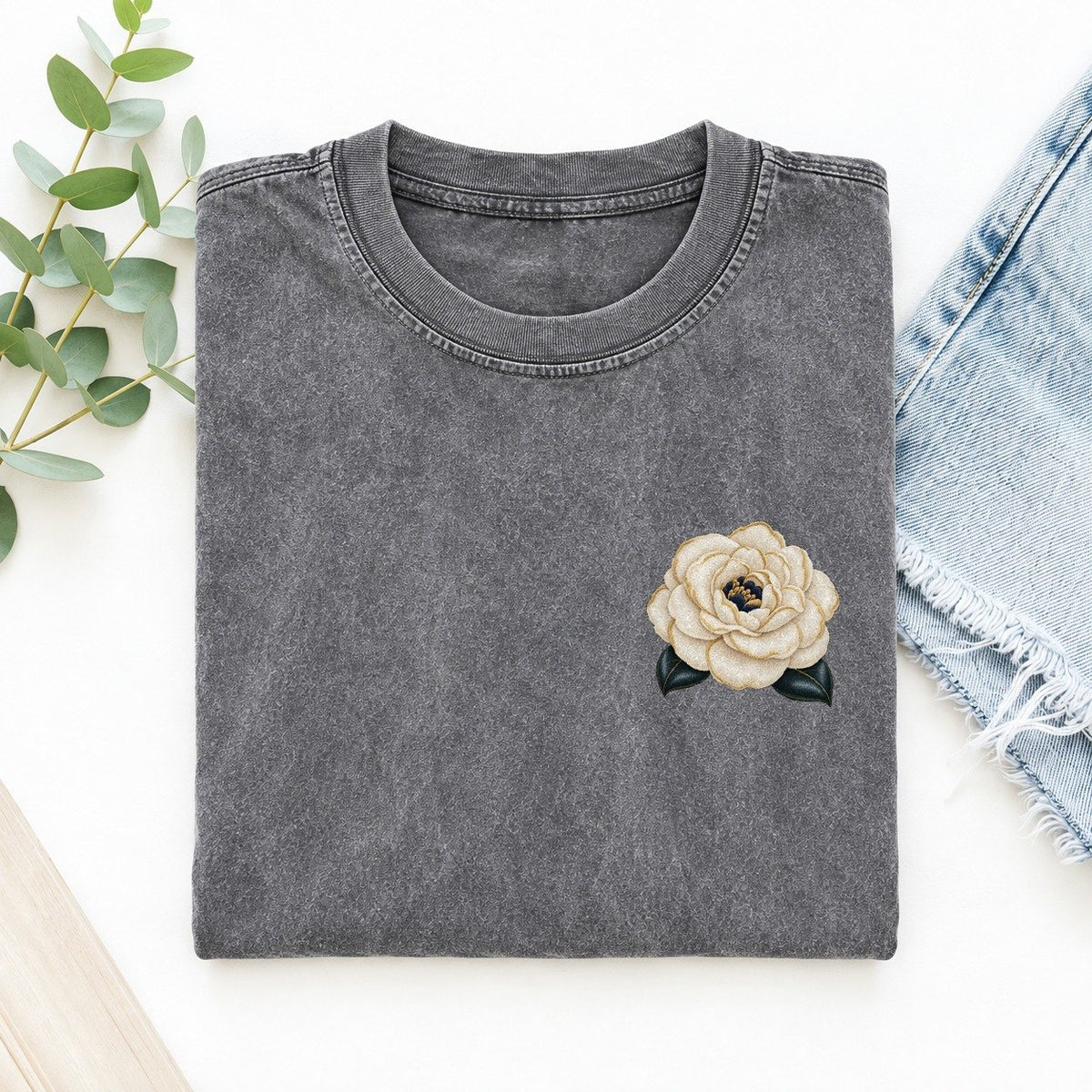Camellia Double Bloom Left Chest Vintage T-shirt – Grey