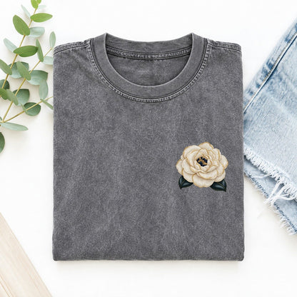 Camellia Double Bloom Left Chest Vintage T-shirt – Grey