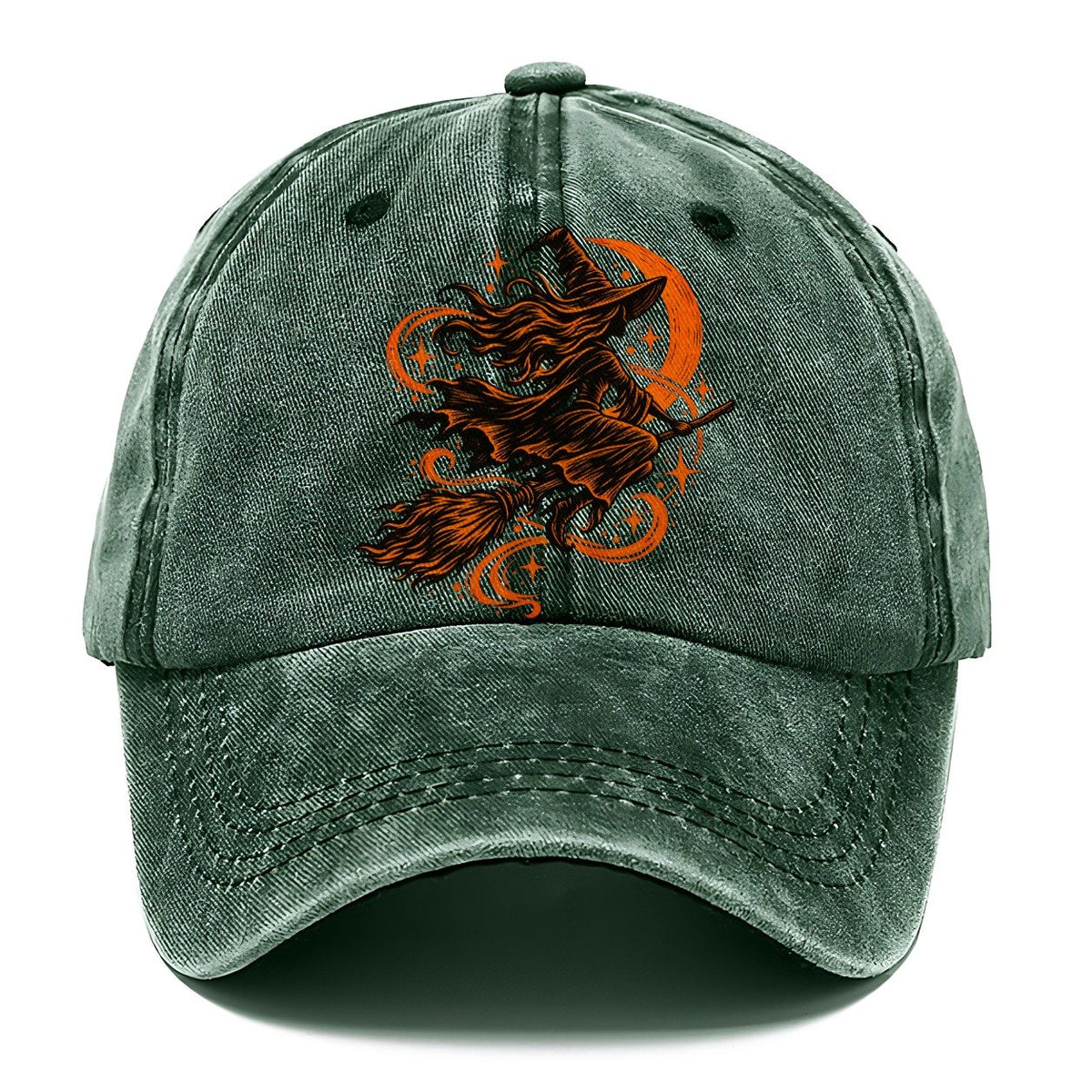 Woodcut Witch Riding Broomstick Classic Cap – Forest Mist