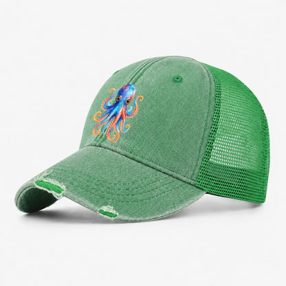Octopus Cute Washed Trucker Hat – Ink Green