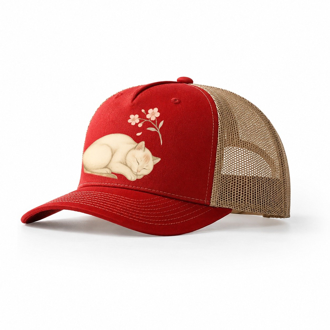 Zen Garden Cat Japanese Aesthetic Lying Peaceful Minimalist Trucker Hat – Red-Khaki