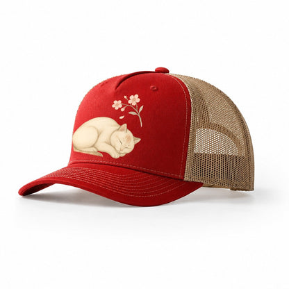 Zen Garden Cat Japanese Aesthetic Lying Peaceful Minimalist Trucker Hat – Red-Khaki