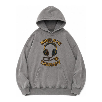 Music Is My Therapy Vintage Washed Hoodie – Grey