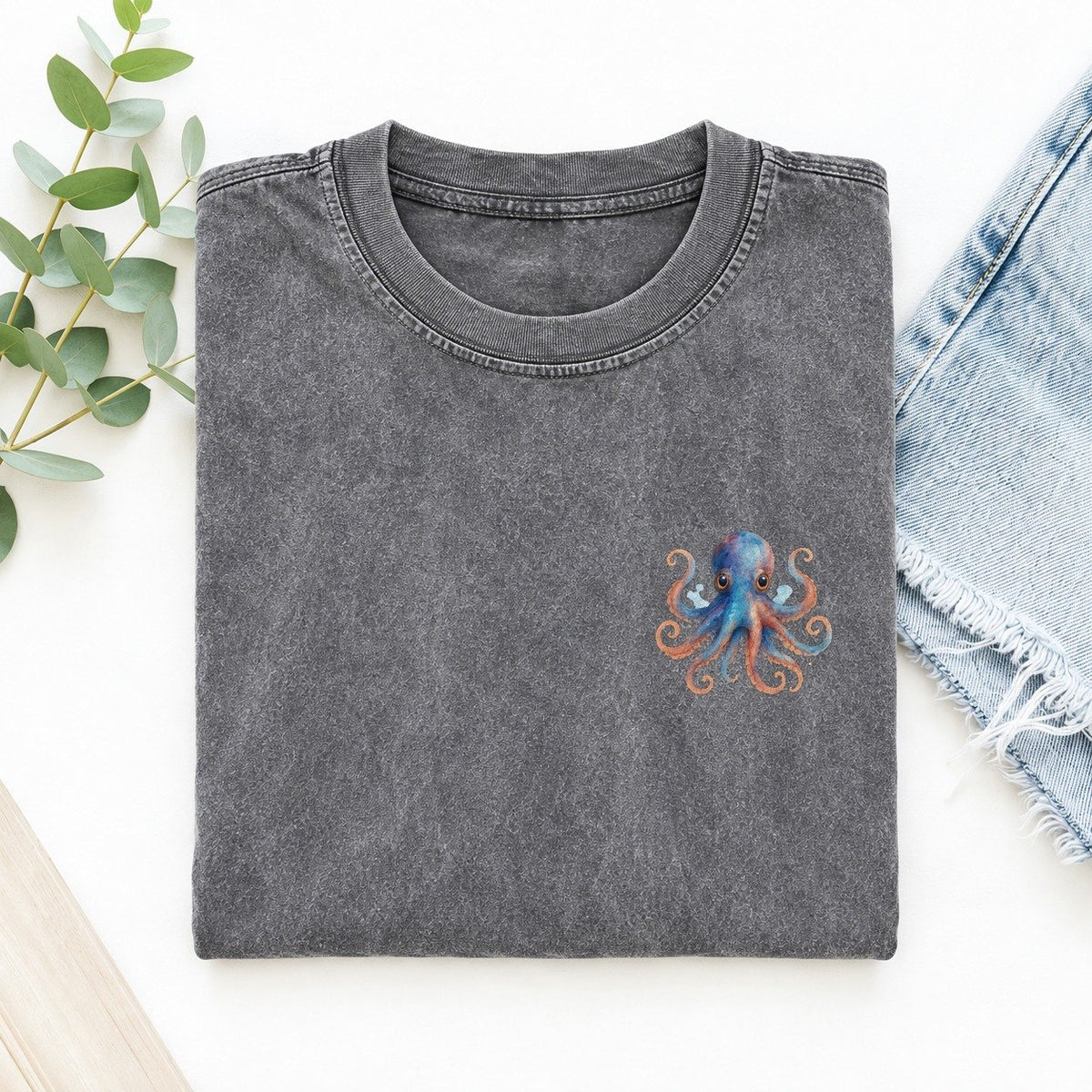 Cute Octopus Left Chest Vintage T-shirt – Grey