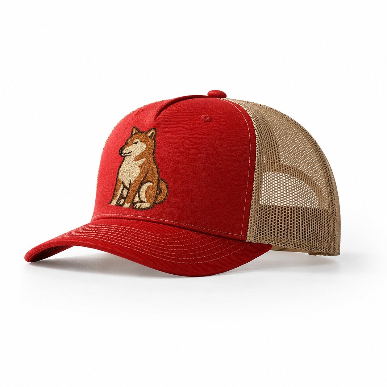 Shiba Inu Red Sesame Embroidered Sitting Pose Trucker Hat – Red-Khaki