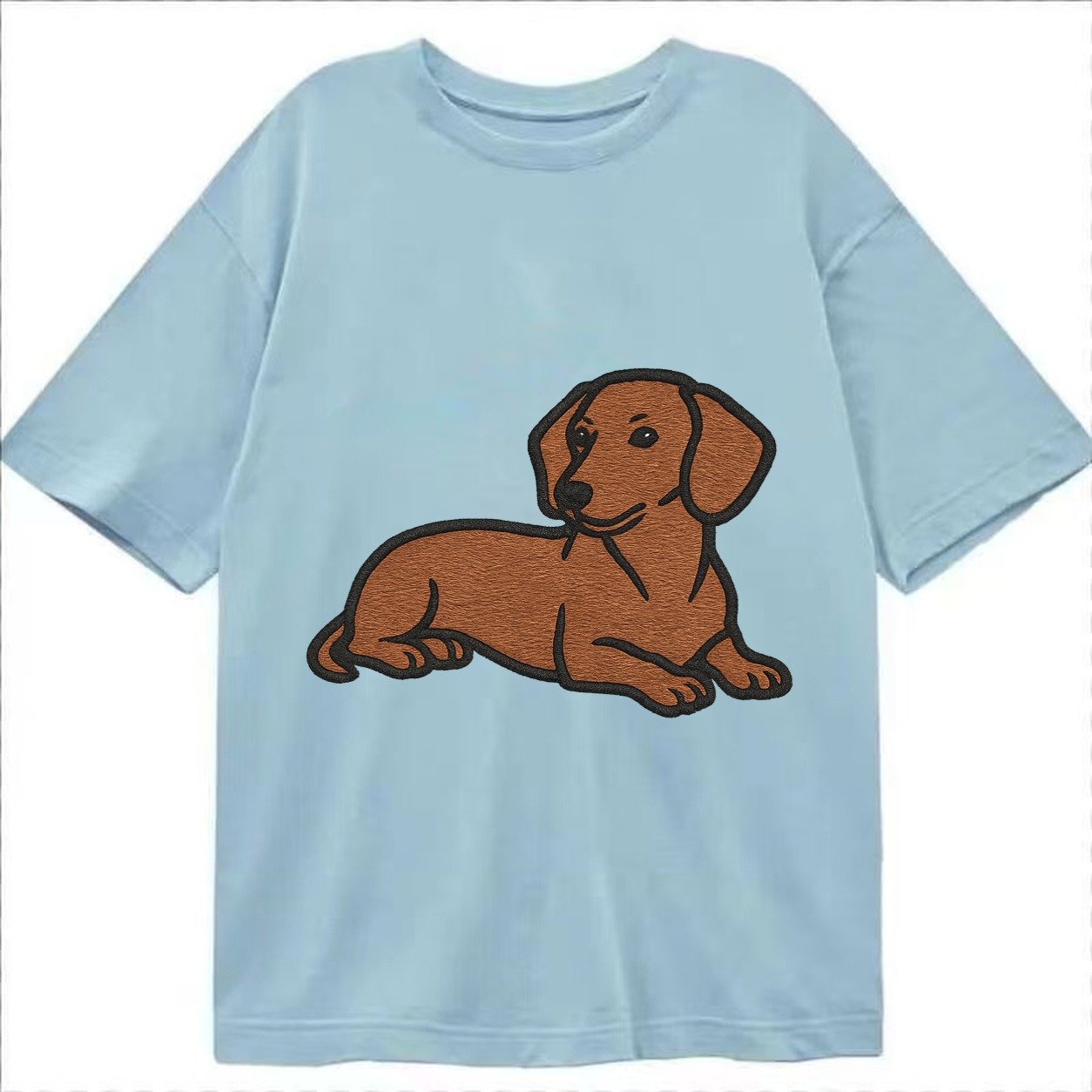 Dachshund Red Smooth Relaxed Lying Down With Head Up Embroid Classic T-shirt – Light Blue