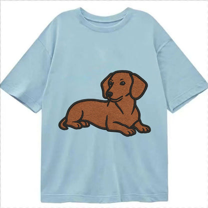 Dachshund Red Smooth Relaxed Lying Down With Head Up Embroid Classic T-shirt – Light Blue