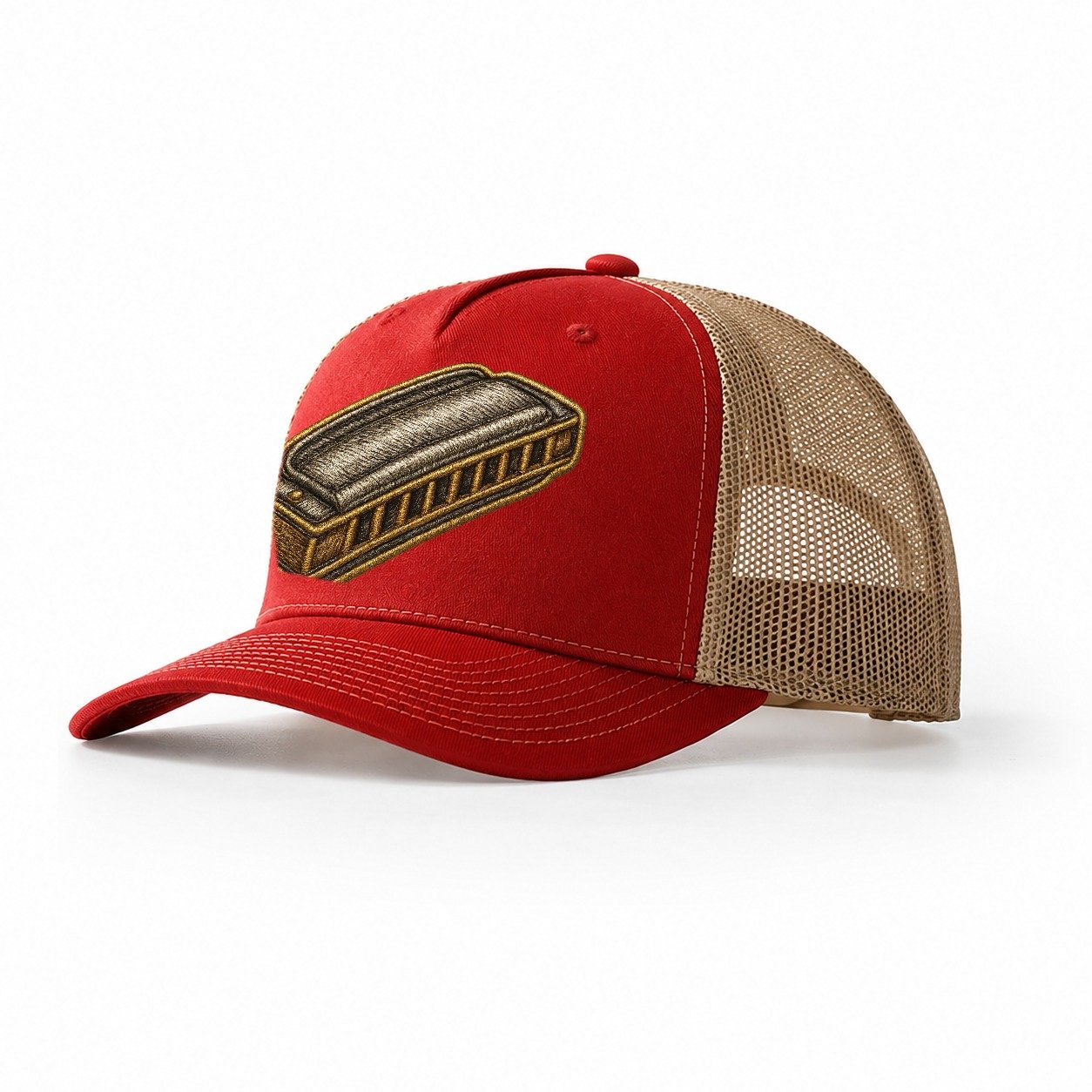 Harmonica Blues Harp With Chrome Covers Trucker Hat – Red-Khaki