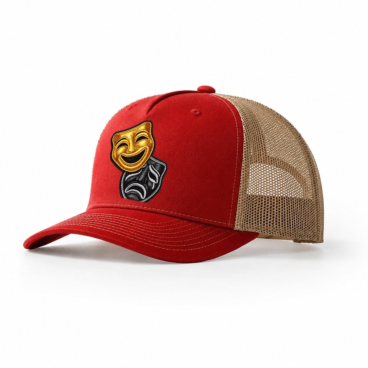 Broadway Masks Comedy Tragedy Masks In Gold And Black Theate Trucker Hat – Red-Khaki