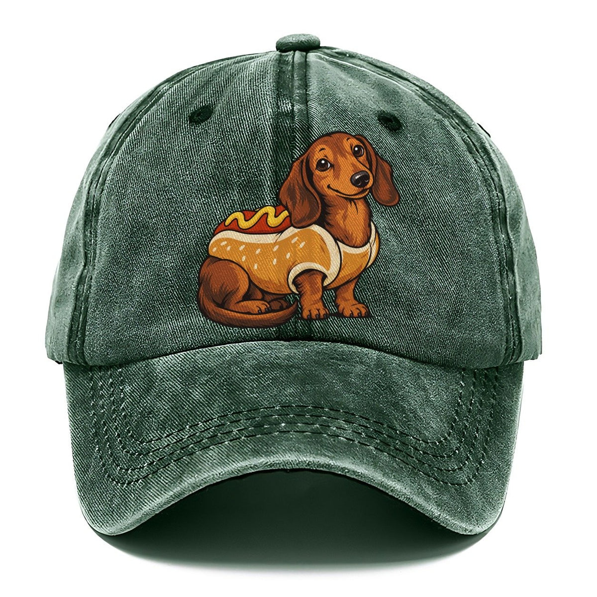One Dachshund In Halloween Costume Hot Dog Bun Costume With Mustard Squiggle Halloween Dog Parade Classic Cap – Forest Mist