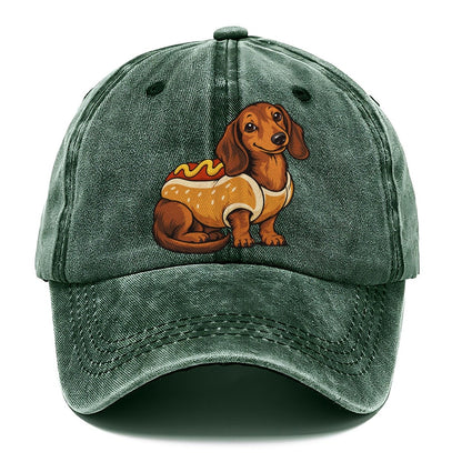 One Dachshund In Halloween Costume Hot Dog Bun Costume With Mustard Squiggle Halloween Dog Parade Classic Cap – Forest Mist