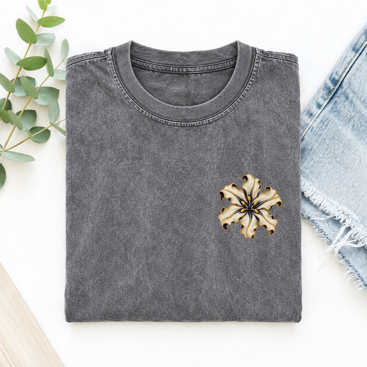 Nerine Petal Ribbons Left Chest Vintage T-shirt – Grey