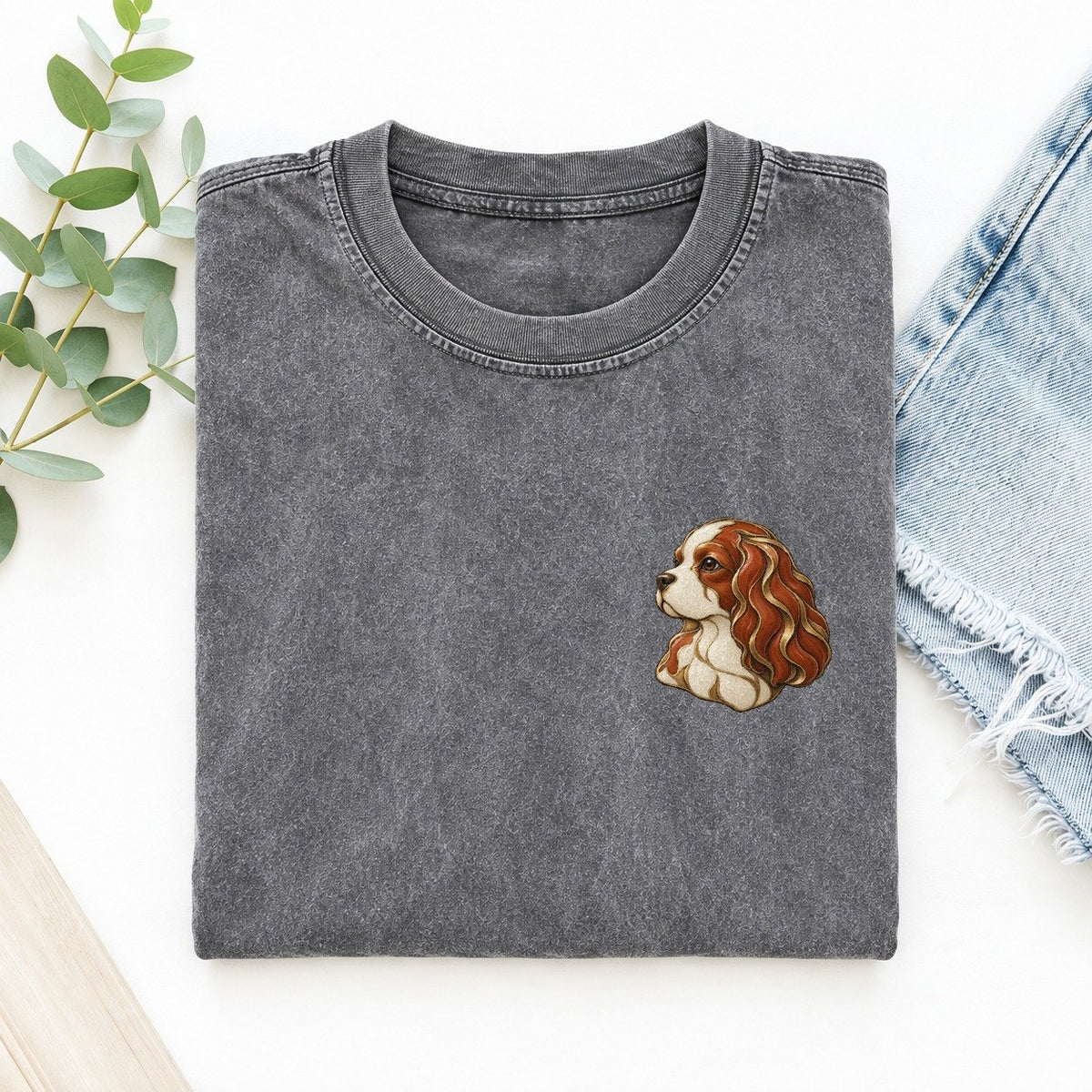 Cavalier Ribbon Ear Keepsake Emblem Left Chest Vintage T-shirt – Grey