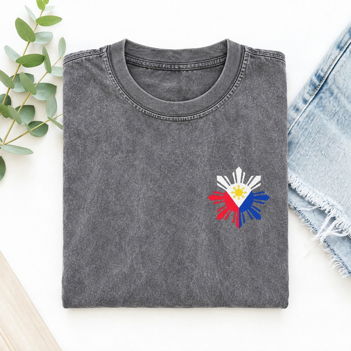 Philippines Sun and Stars Left Chest Vintage T-shirt – Grey