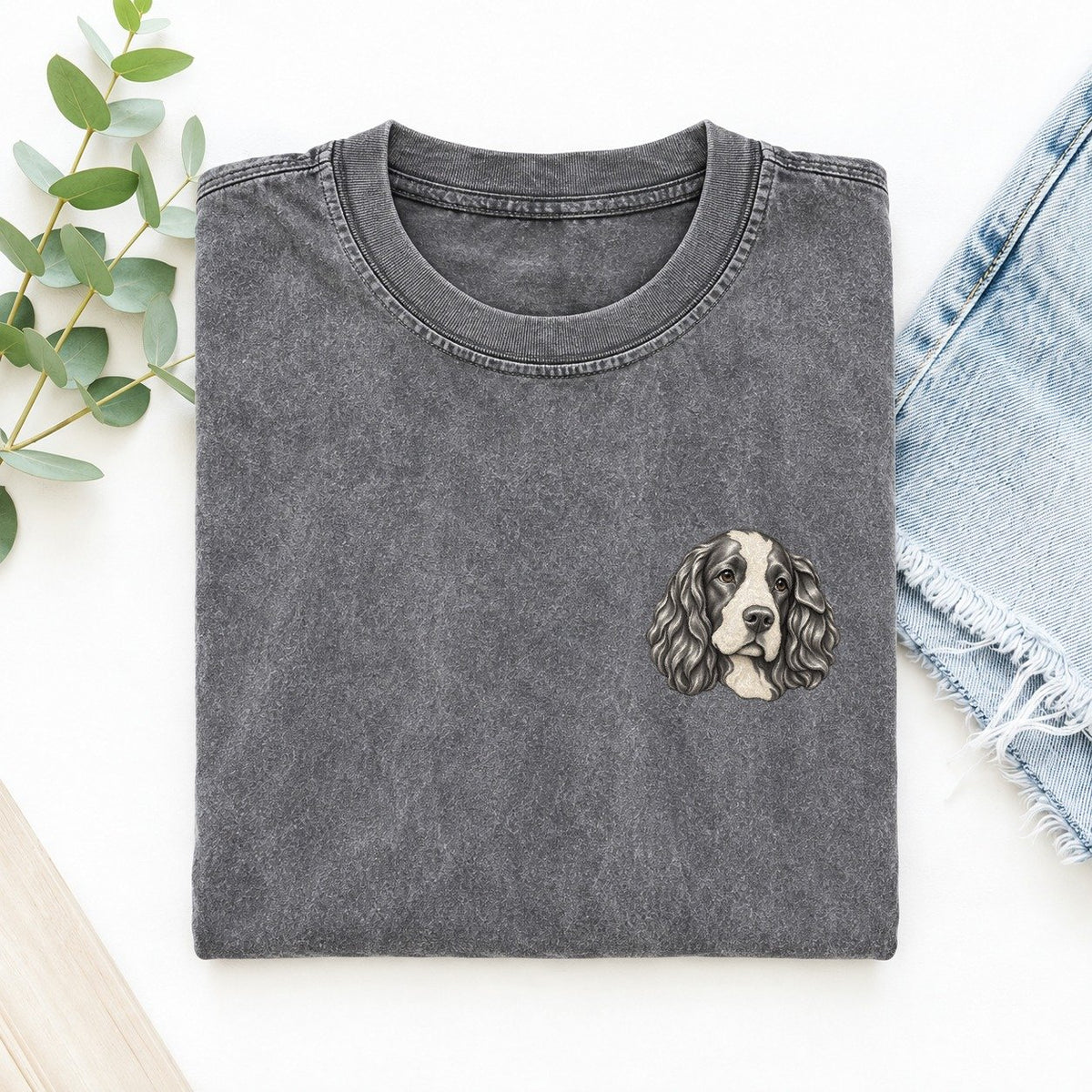 Springer Feather Ear Keepsake Emblem Left Chest Vintage T-shirt – Grey