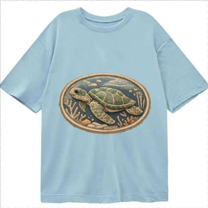 Embroidered Patch Design Sea Turtle Swimming Turtle In Green Classic T-shirt – Light Blue