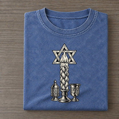 Jewish Havdalah Flame World Faiths Ink Figures Vintage T-shirt – Washed Blue