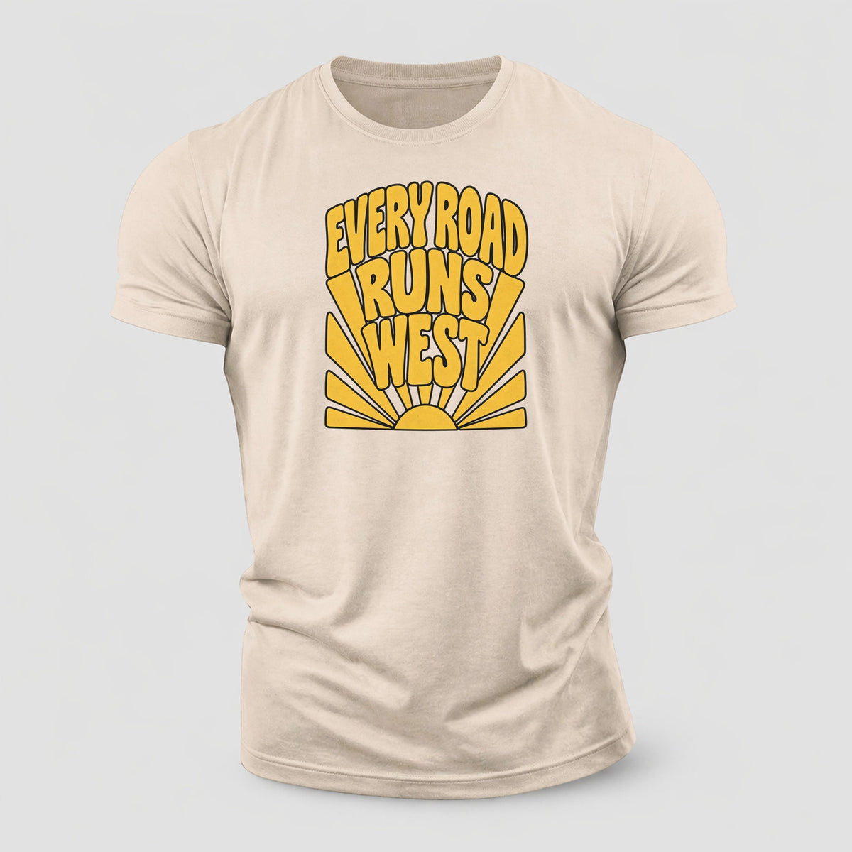 Every Road Runs West Sunburst Sayings Cotton T-Shirt – Sand