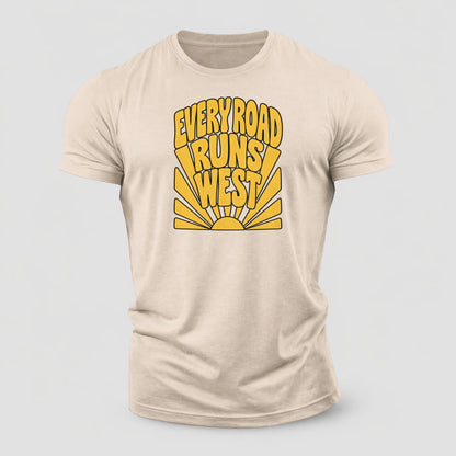 Every Road Runs West Sunburst Sayings Cotton T-Shirt – Sand