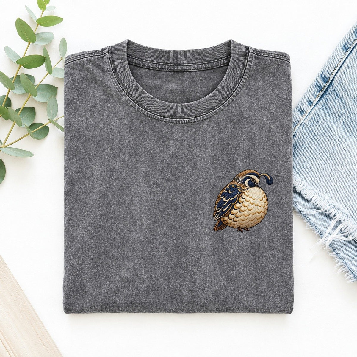 Quail Topknot Turn Left Chest Vintage T-shirt – Grey