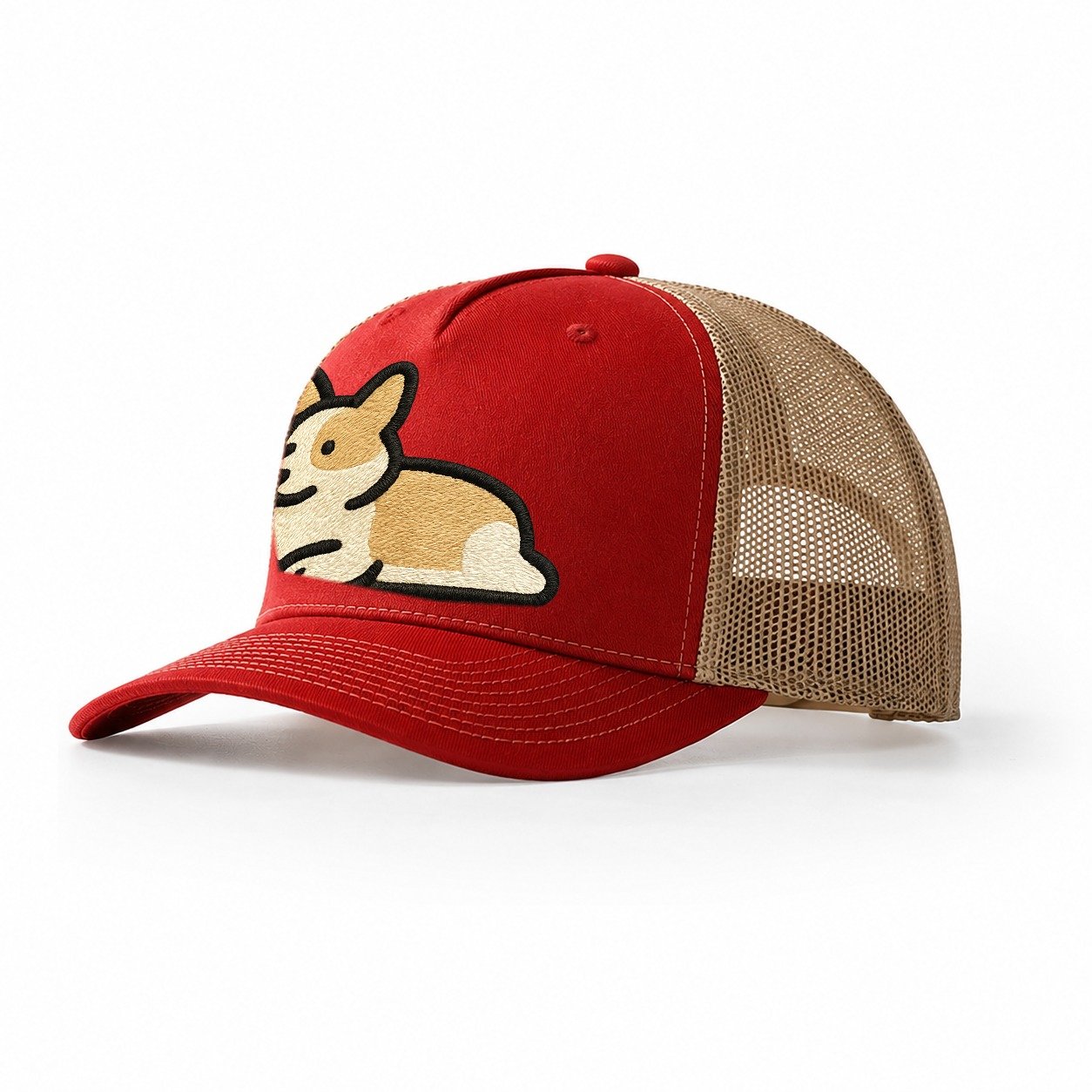 Corgi Sploot Lying Position Trucker Hat – Red-Khaki